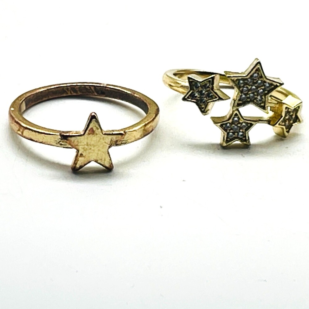 Gold Tone Celestial Star Ring Set Pave Rhinestone Bypass & Solid Star Bands 7